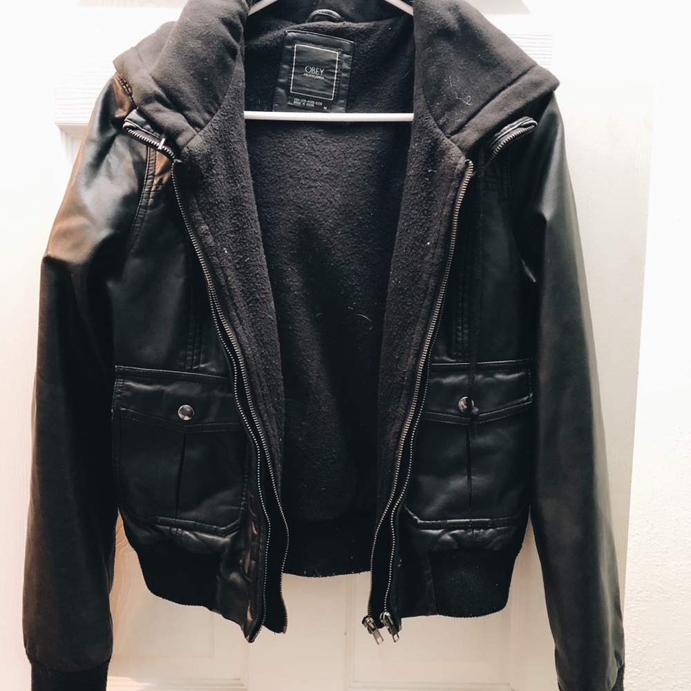 Obey Hooded Leather Jacket